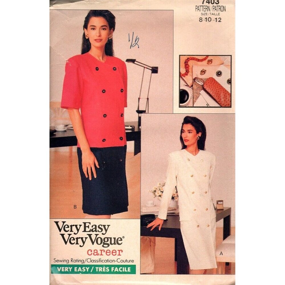 Very Easy Vogue Career Sewing Pattern 7403 Double-Breasted Dress Size 8-10-12 Mi